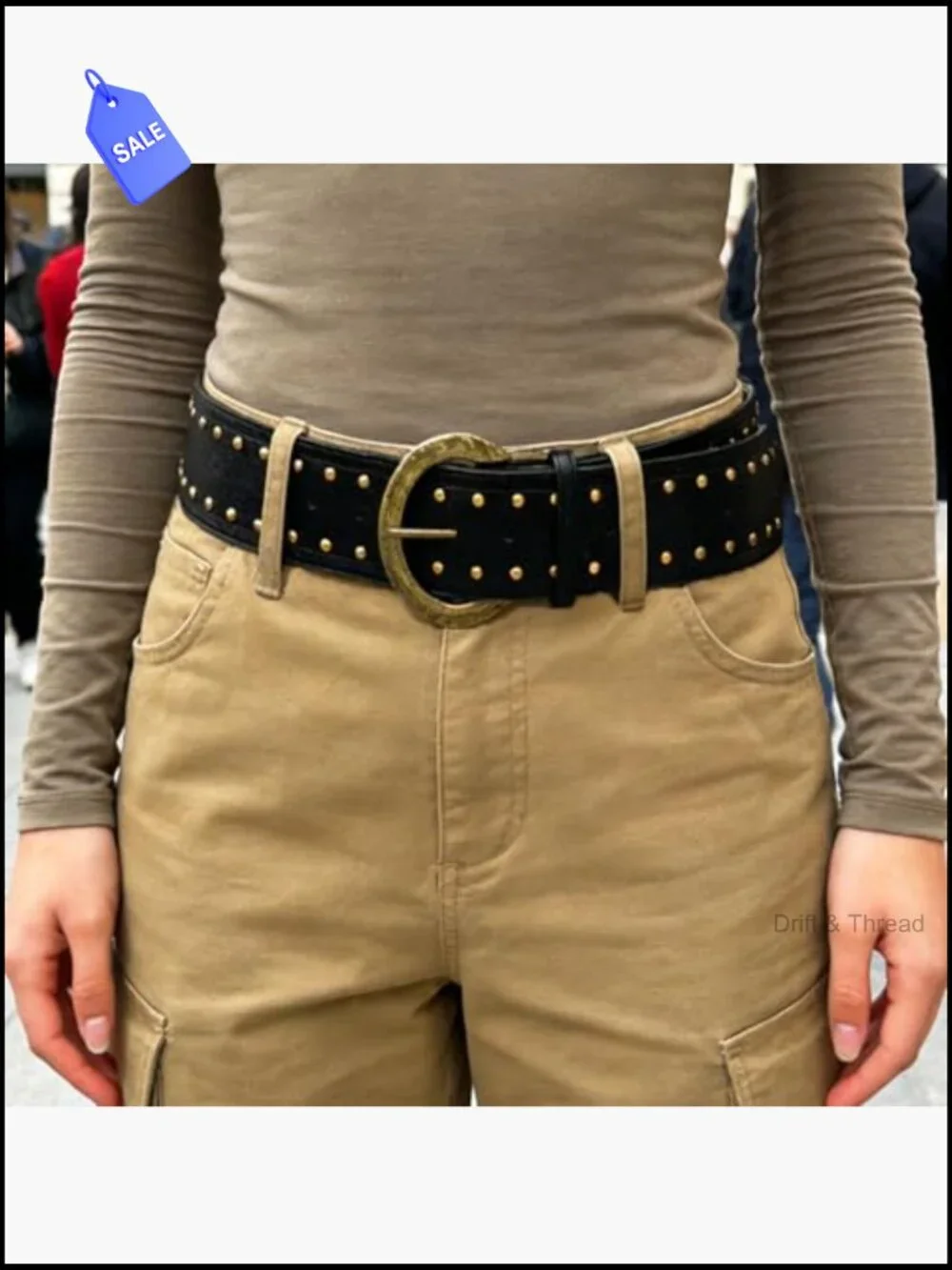Chunky Studded Leather Belt Wide Vintage Waist Belt for Women
